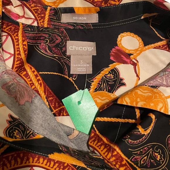 Chico's Size 3 (14/16) Top No-Iron Cotton Tassel Status‎ Print - Picture 5 of 7